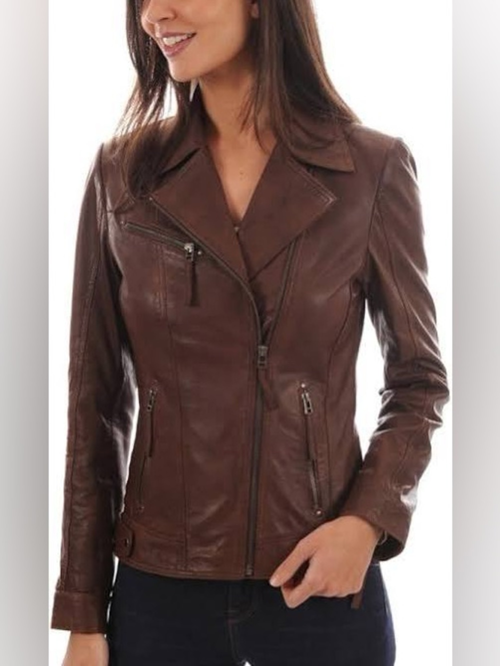 Bod & Christensen Cognac Slim Leather Biker Jacket Womens Size L Zip Pockets